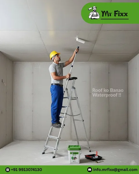 Worker waterproofing a roof ceiling with Mr. Fixx